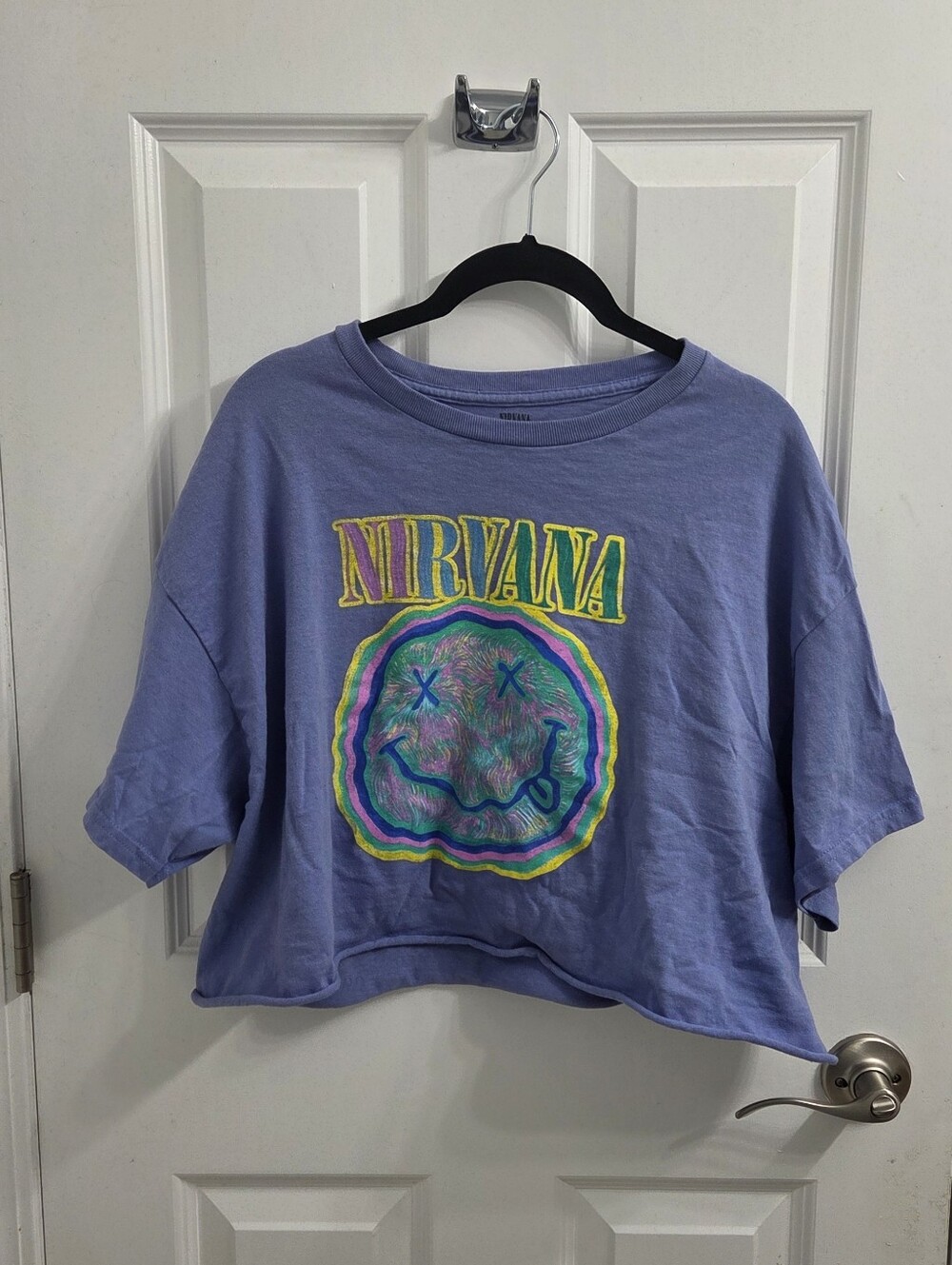 NIRVANA Lavender Cropped Graphic Tee with Neon Smiley